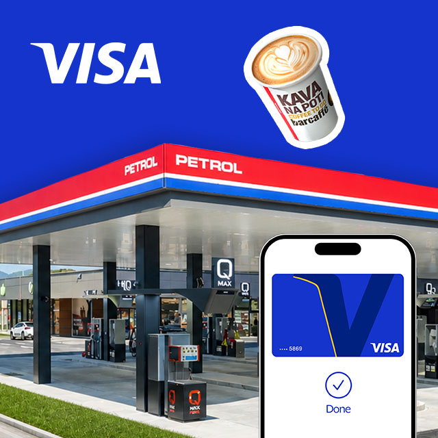 Petrol gas station with coffee reward and digital Visa card displayed on smartphone.