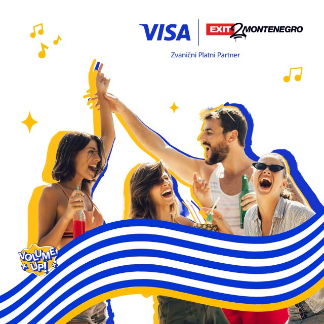 Four people cheerfully raise drinks, surrounded by blue and yellow wave graphics. "VISA" and "EXIT 2 Montenegro" logos with music notes are at the top.